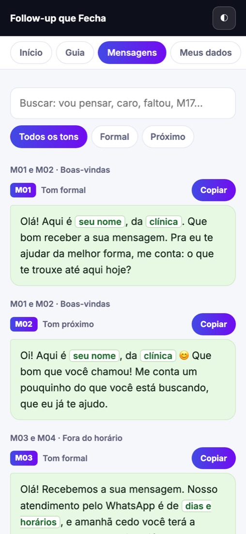 App do Follow-up que Fecha mostrando mensagens prontas com botão de copiar